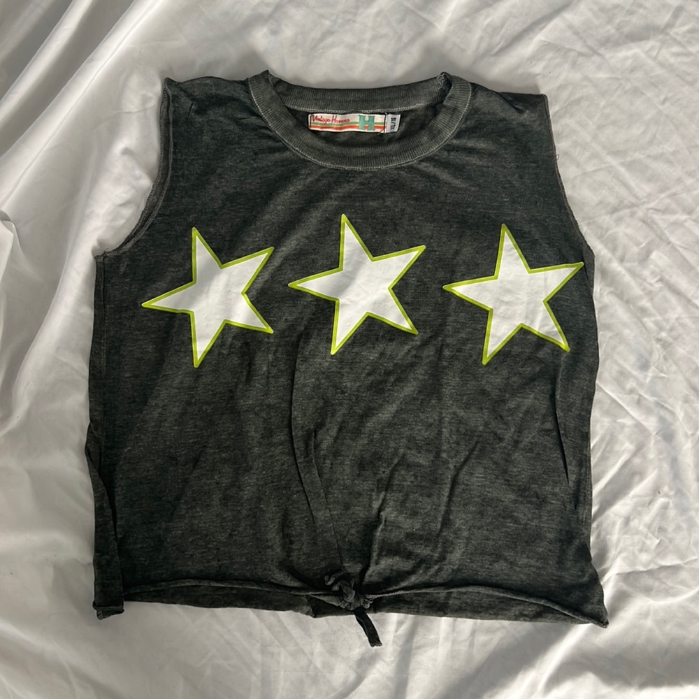 VINTAGE HAVANA GIRLS XL/16 GRAY TANK WITH STARS AND TIE FRONT